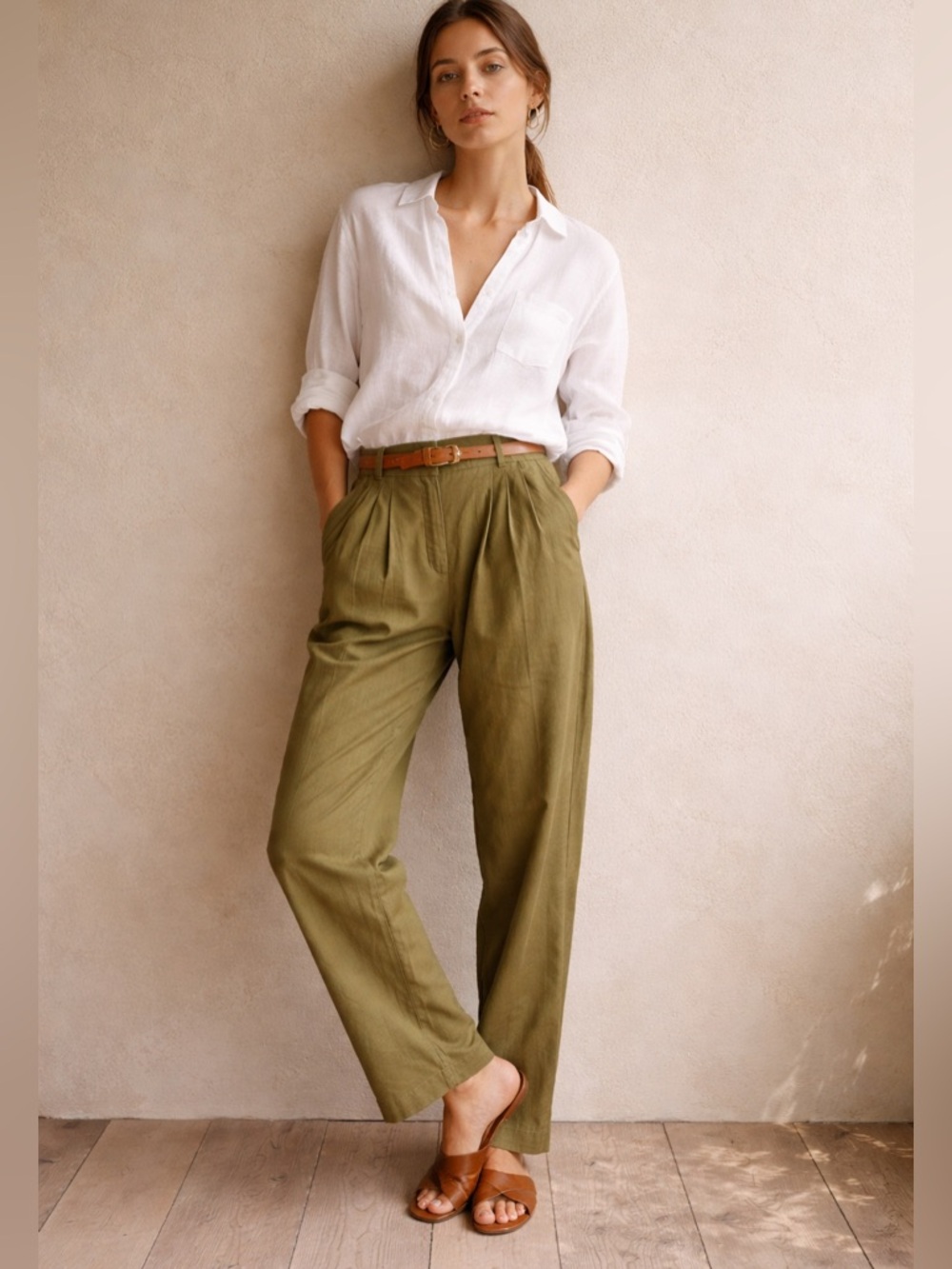 Orly Olive High Rise Pleated Trouser Soft Tailoring Quiet Luxury L Coastal